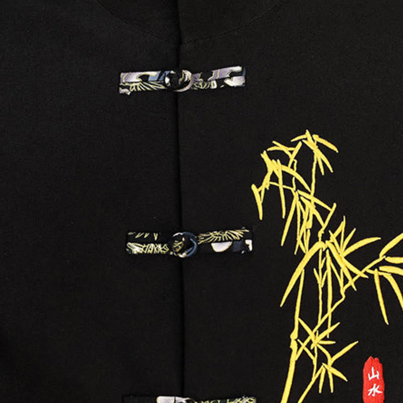 2Pcs Tang Suit Bamboo Frog-Button Men's Long Sleeve Shirt Pants Clothing Set