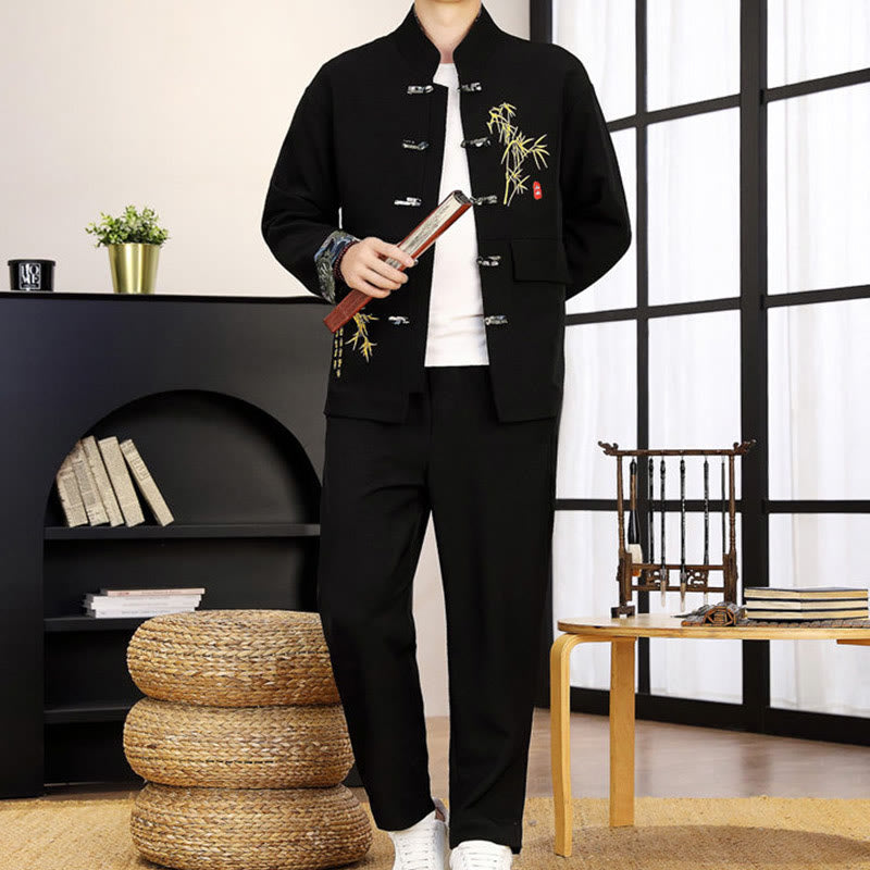 2Pcs Tang Suit Bamboo Frog-Button Men's Long Sleeve Shirt Pants Clothing Set