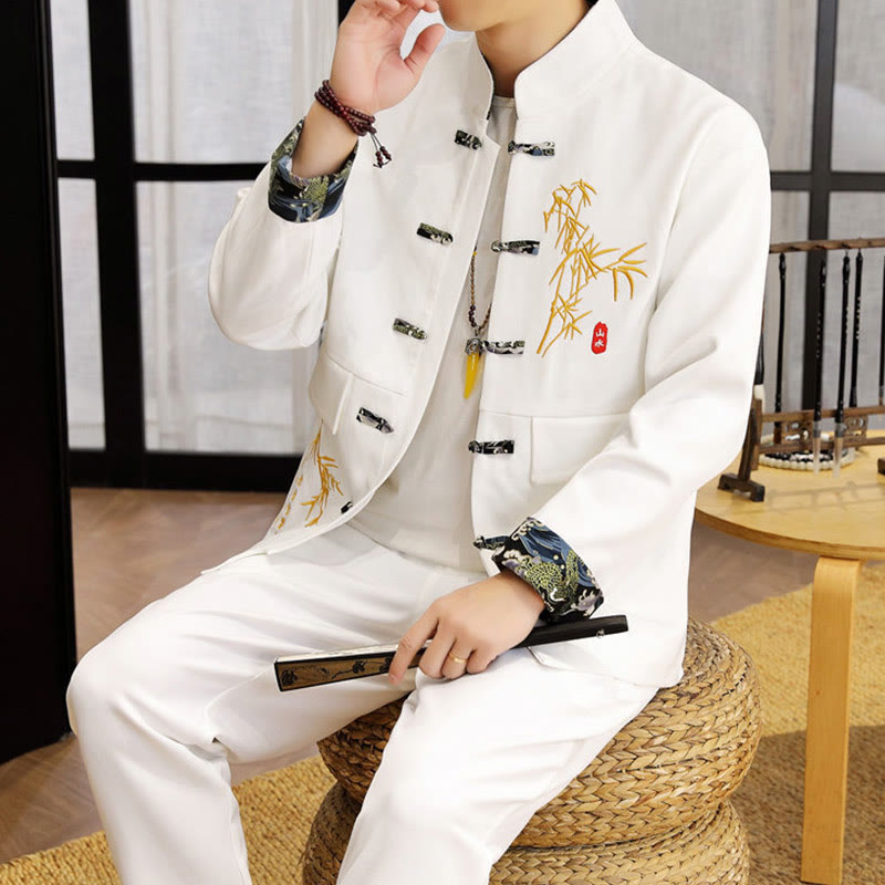 2Pcs Tang Suit Bamboo Frog-Button Men's Long Sleeve Shirt Pants Clothing Set