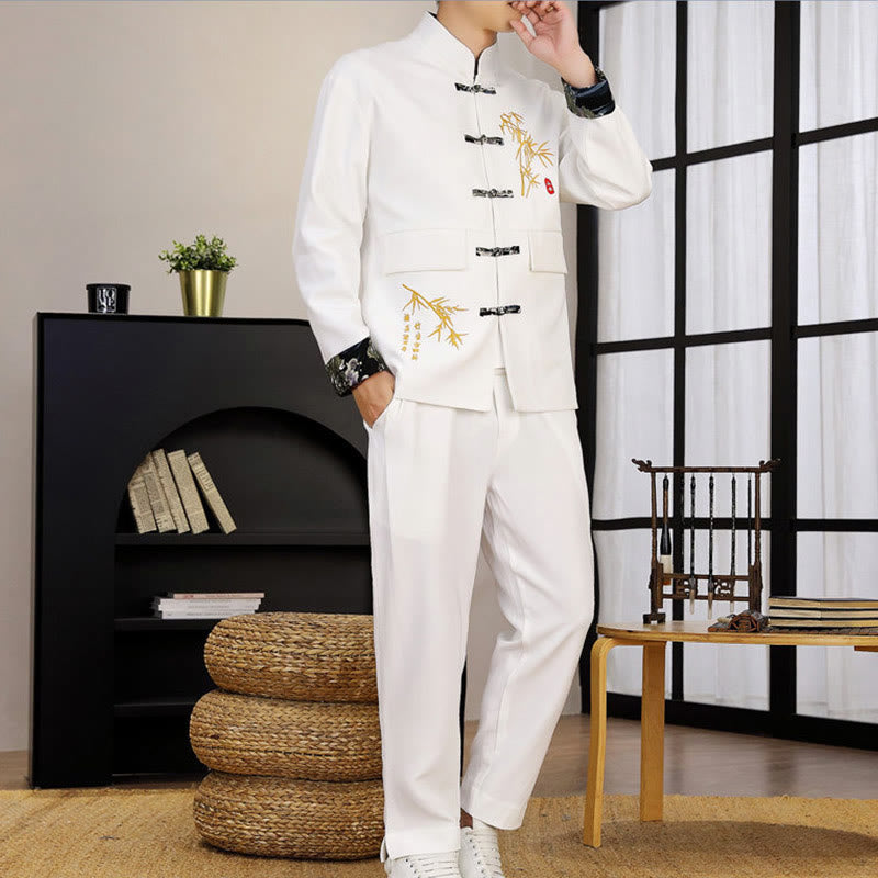 2Pcs Tang Suit Bamboo Frog-Button Men's Long Sleeve Shirt Pants Clothing Set