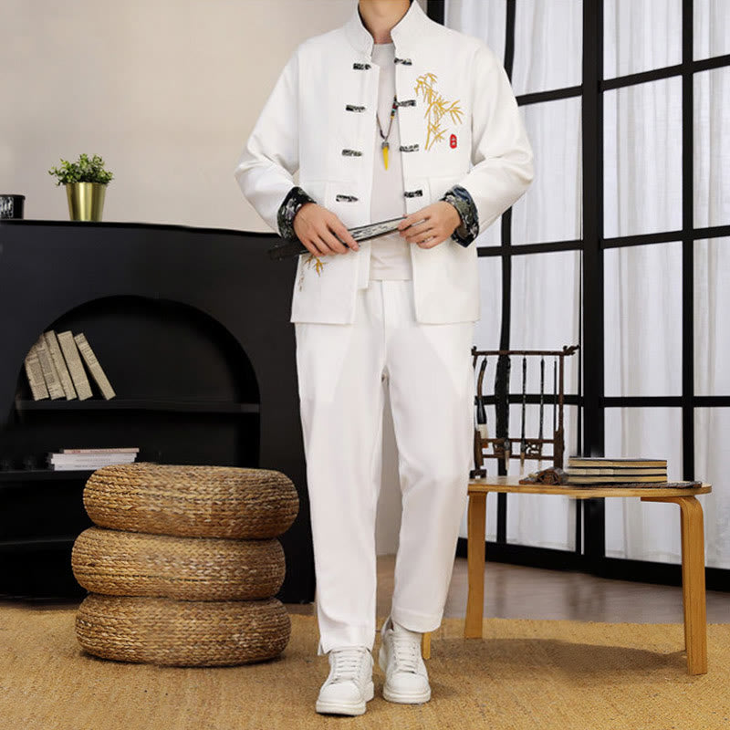 2Pcs Tang Suit Bamboo Frog-Button Men's Long Sleeve Shirt Pants Clothing Set