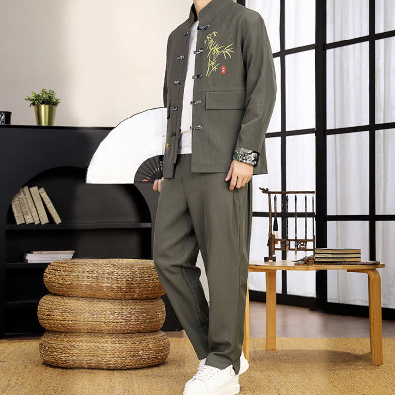 2Pcs Tang Suit Bamboo Frog-Button Men's Long Sleeve Shirt Pants Clothing Set