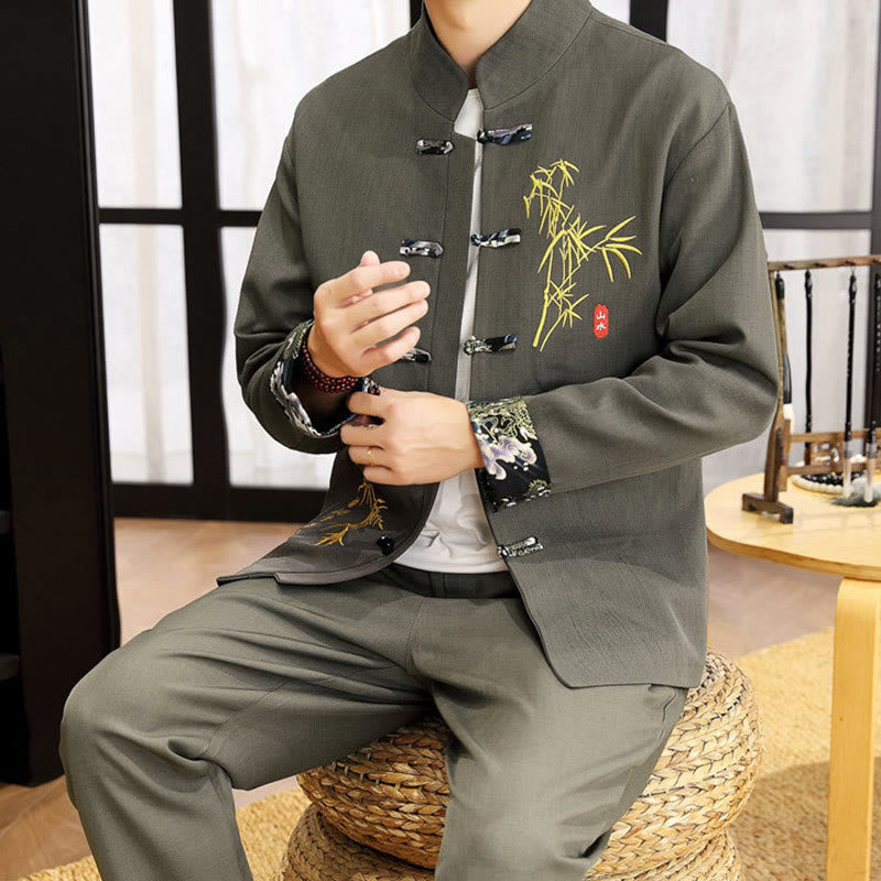 2Pcs Tang Suit Bamboo Frog-Button Men's Long Sleeve Shirt Pants Clothing Set
