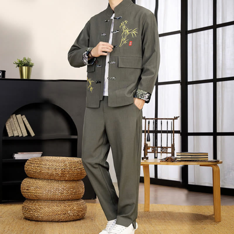 2Pcs Tang Suit Bamboo Frog-Button Men's Long Sleeve Shirt Pants Clothing Set