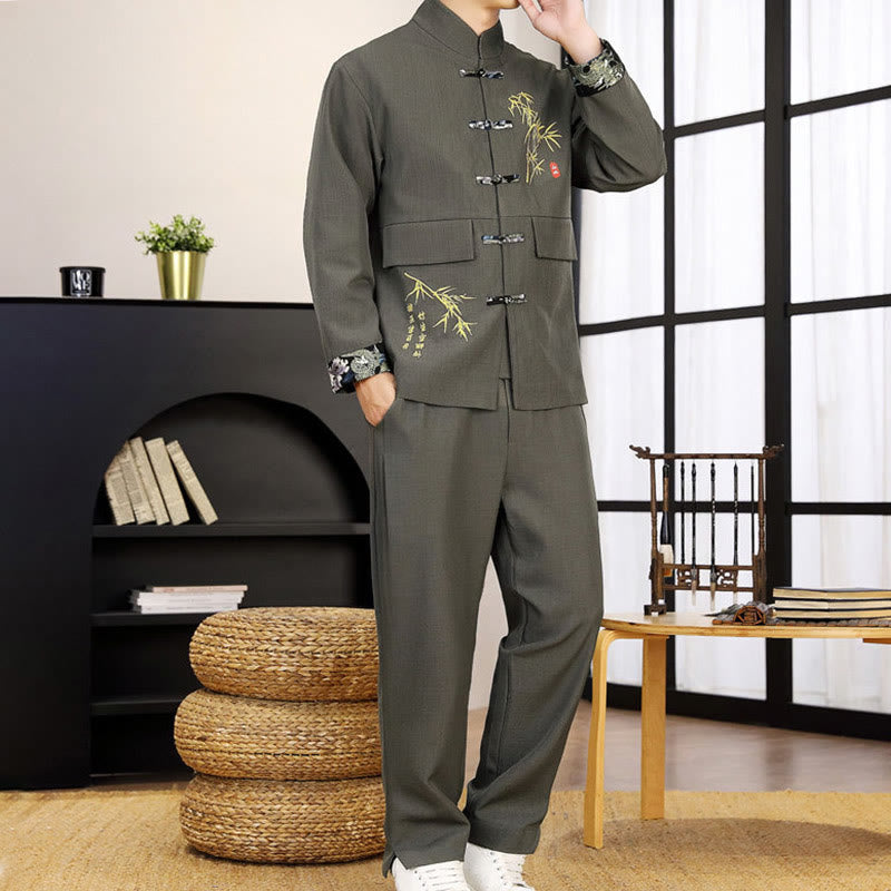 2Pcs Tang Suit Bamboo Frog-Button Men's Long Sleeve Shirt Pants Clothing Set
