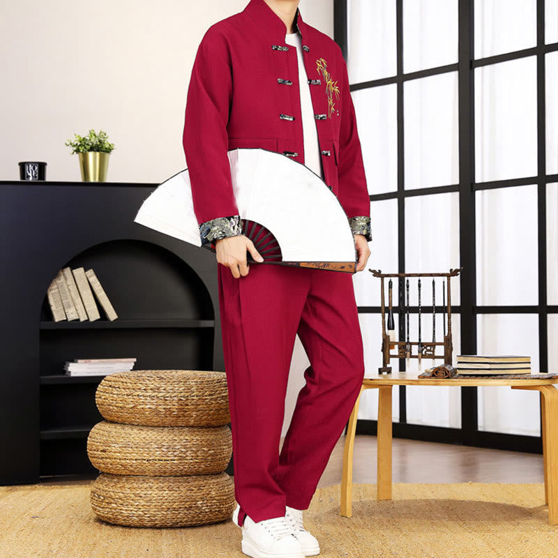 2Pcs Tang Suit Bamboo Frog-Button Men's Long Sleeve Shirt Pants Clothing Set
