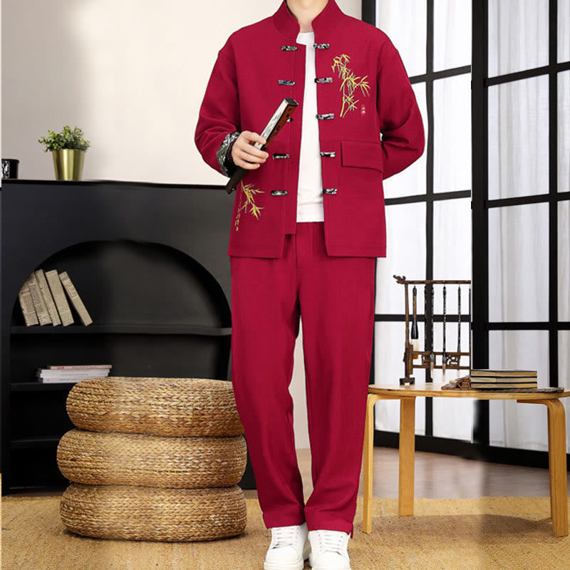 2Pcs Tang Suit Bamboo Frog-Button Men's Long Sleeve Shirt Pants Clothing Set