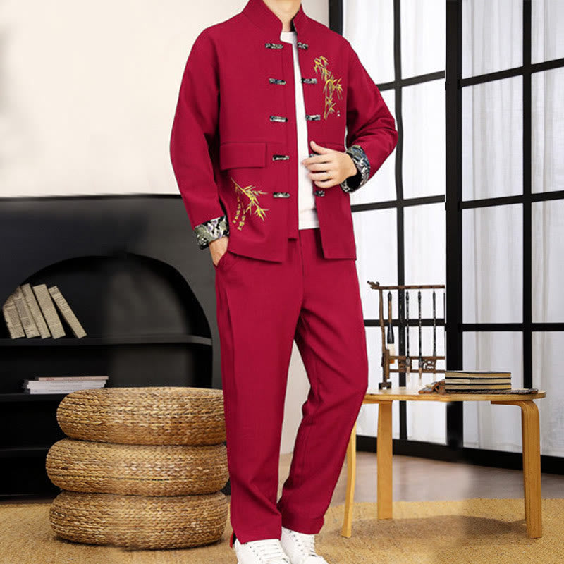 2Pcs Tang Suit Bamboo Frog-Button Men's Long Sleeve Shirt Pants Clothing Set