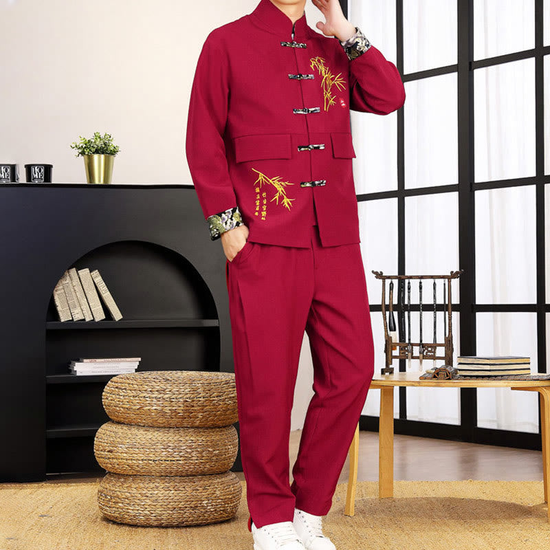 2Pcs Tang Suit Bamboo Frog-Button Men's Long Sleeve Shirt Pants Clothing Set