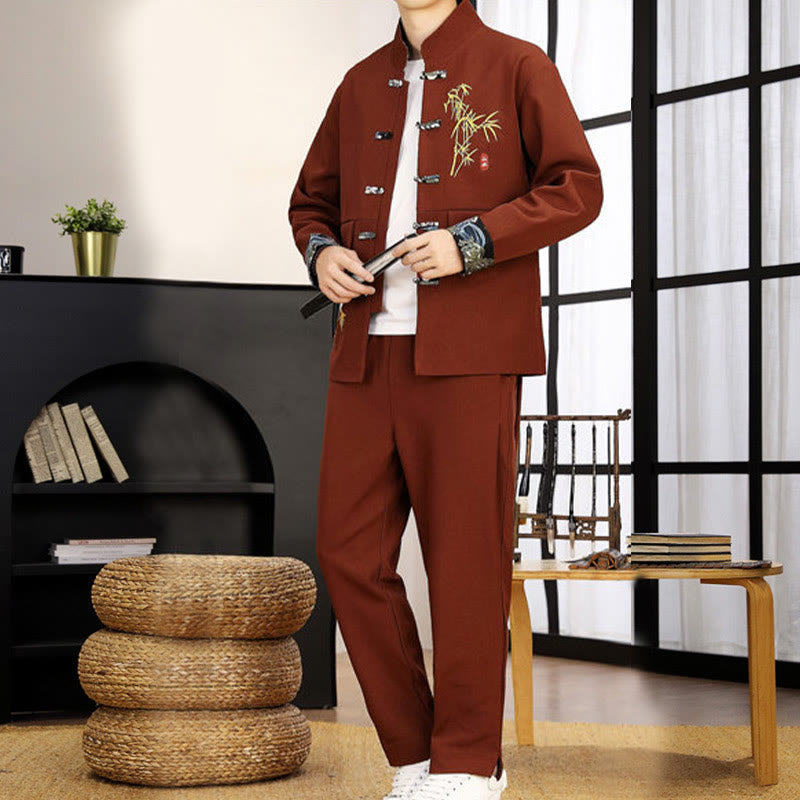 2Pcs Tang Suit Bamboo Frog-Button Men's Long Sleeve Shirt Pants Clothing Set