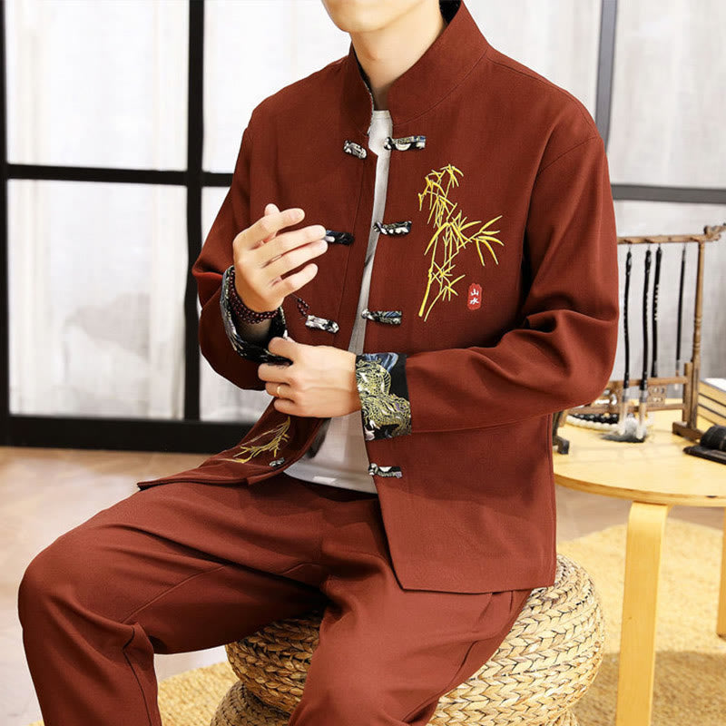 2Pcs Tang Suit Bamboo Frog-Button Men's Long Sleeve Shirt Pants Clothing Set