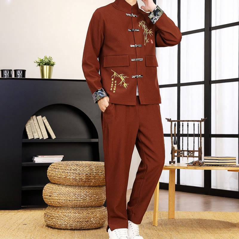 2Pcs Tang Suit Bamboo Frog-Button Men's Long Sleeve Shirt Pants Clothing Set
