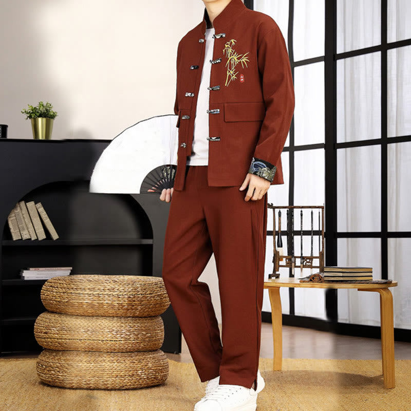 2Pcs Tang Suit Bamboo Frog-Button Men's Long Sleeve Shirt Pants Clothing Set