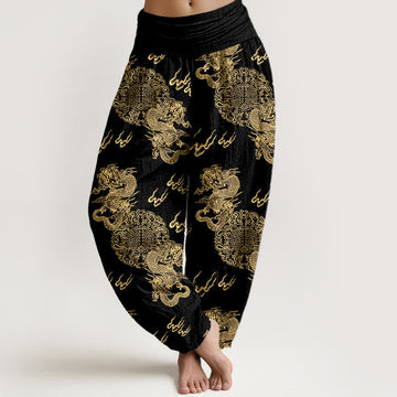 Breathable Cotton Dragon Print Mindful Movement Harem Pants
