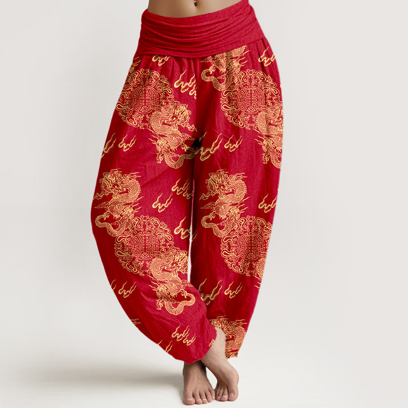 Breathable Cotton Dragon Print Mindful Movement Harem Pants