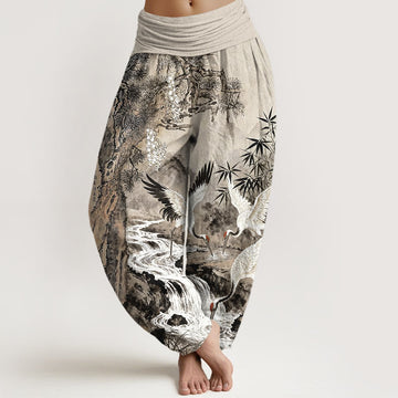 Pure Cotton Crane Print Elastic Waist Meditation Harem Pants