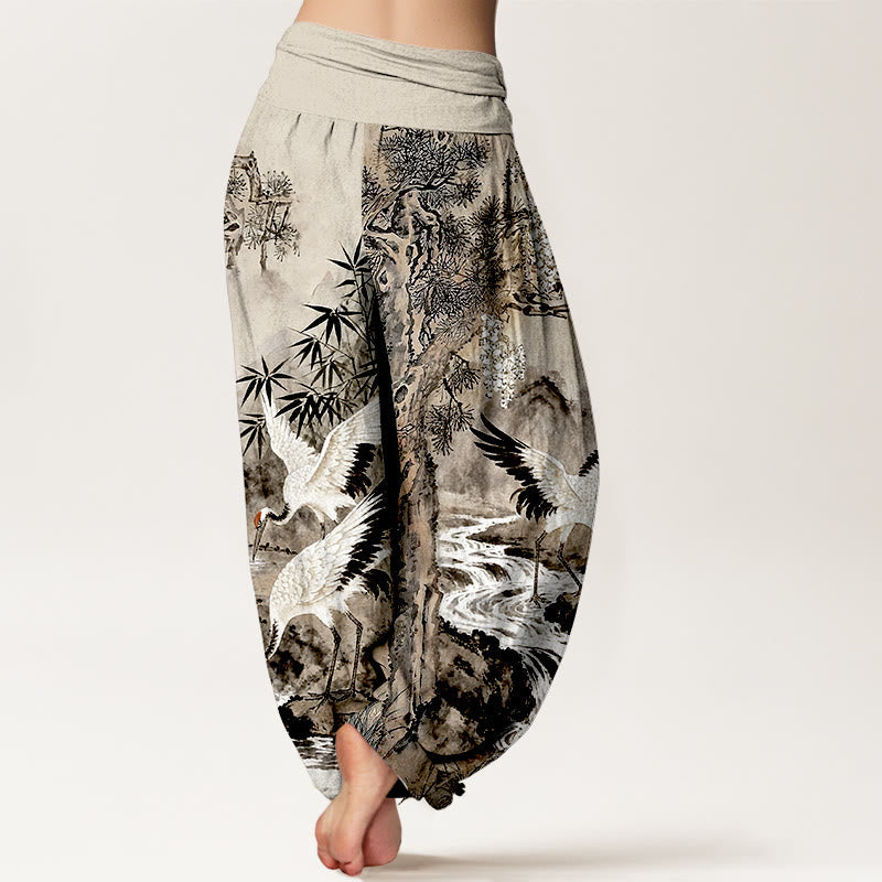 Pure Cotton Crane Print Elastic Waist Meditation Harem Pants