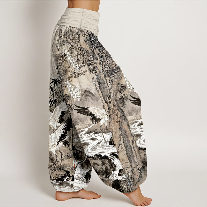 Pure Cotton Crane Print Elastic Waist Meditation Harem Pants
