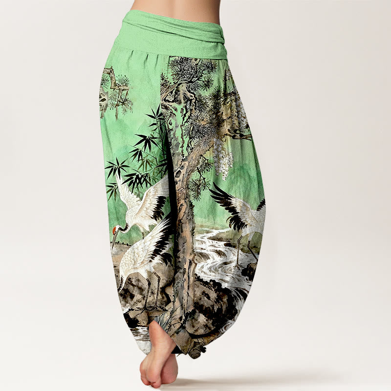 Pure Cotton Crane Print Elastic Waist Meditation Harem Pants