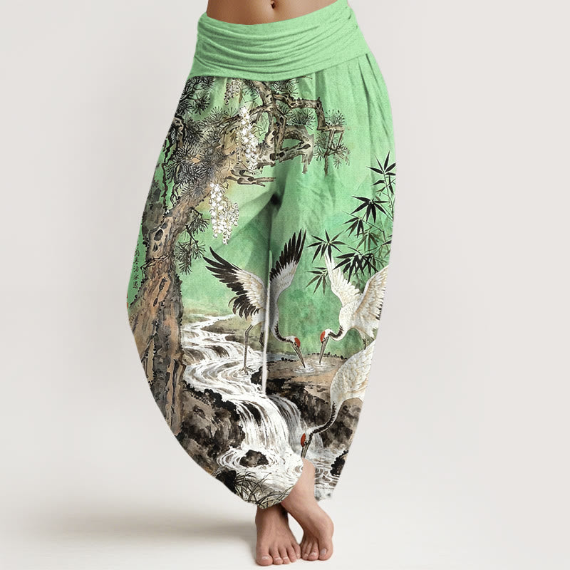 Pure Cotton Crane Print Elastic Waist Meditation Harem Pants
