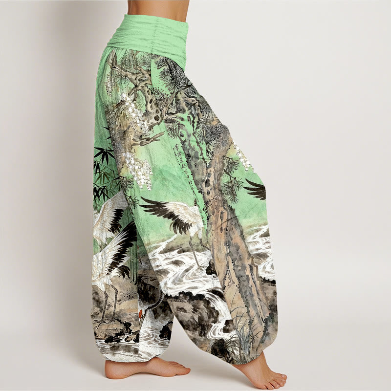 Pure Cotton Crane Print Elastic Waist Meditation Harem Pants