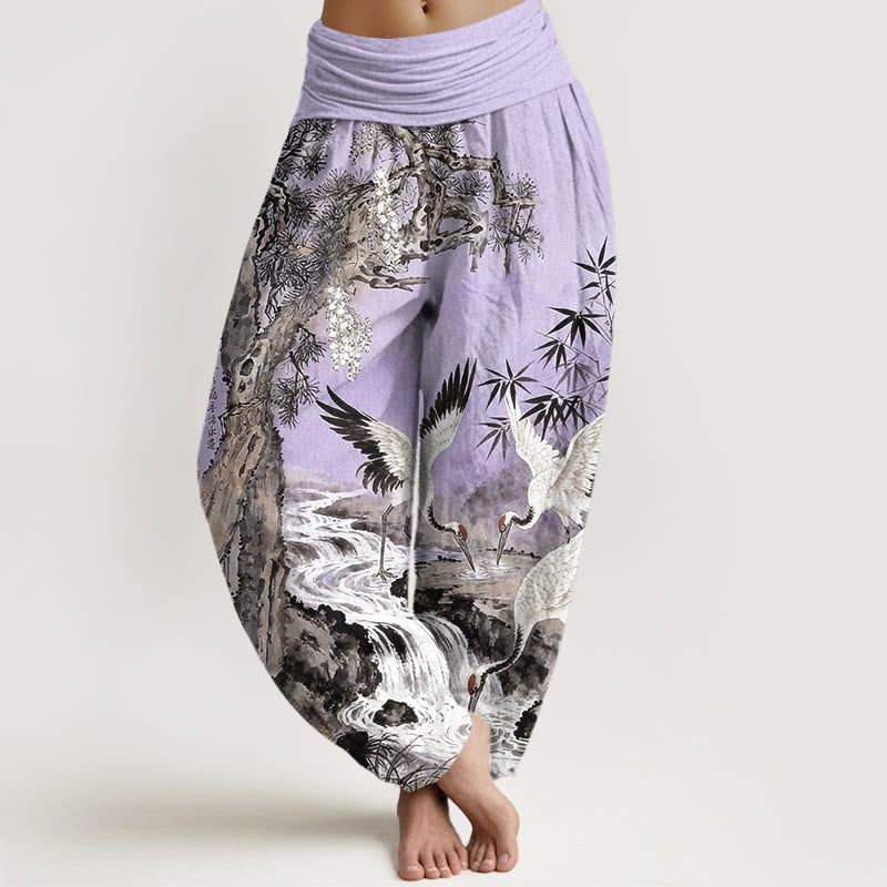 Pure Cotton Crane Print Elastic Waist Meditation Harem Pants