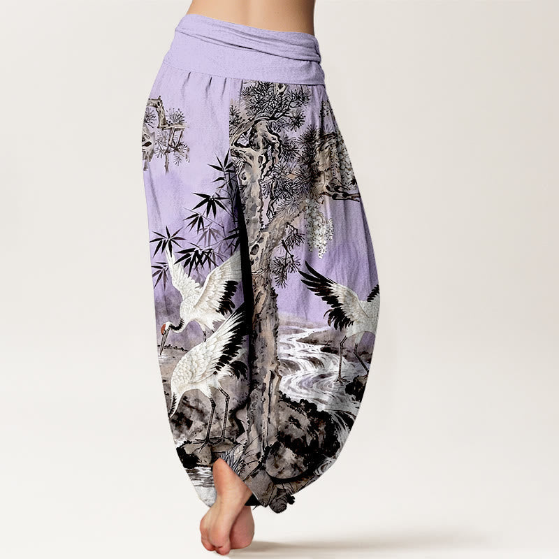 Pure Cotton Crane Print Elastic Waist Meditation Harem Pants
