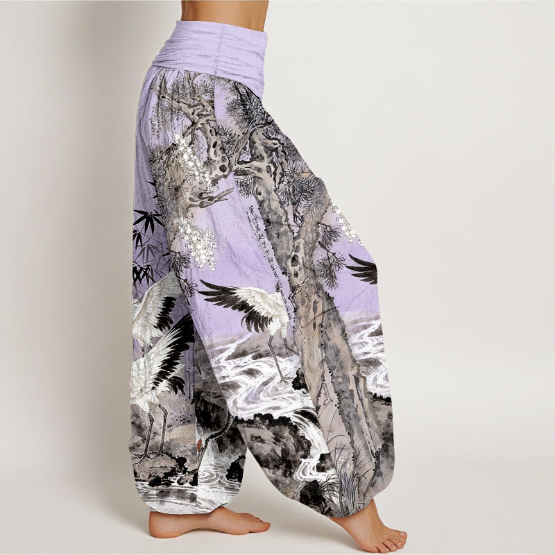 Pure Cotton Crane Print Elastic Waist Meditation Harem Pants
