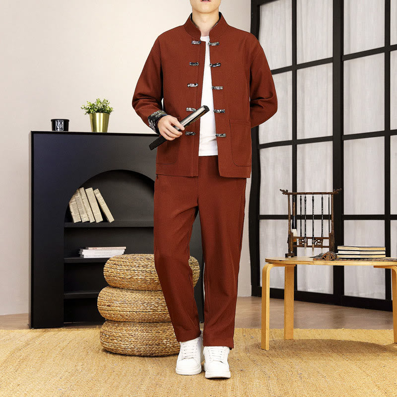 Tactile Wave-Detail Men's Meditation and Tai Chi Two-Piece Set