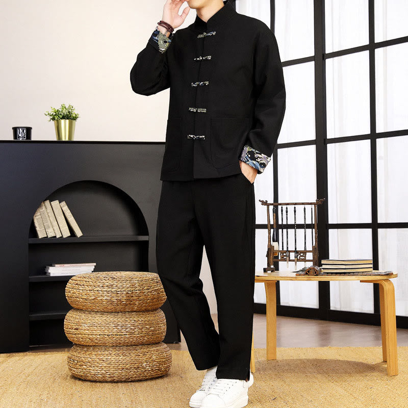 Tactile Wave-Detail Men's Meditation and Tai Chi Two-Piece Set