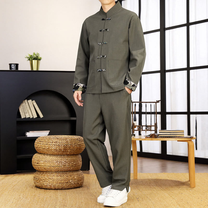 Tactile Wave-Detail Men's Meditation and Tai Chi Two-Piece Set
