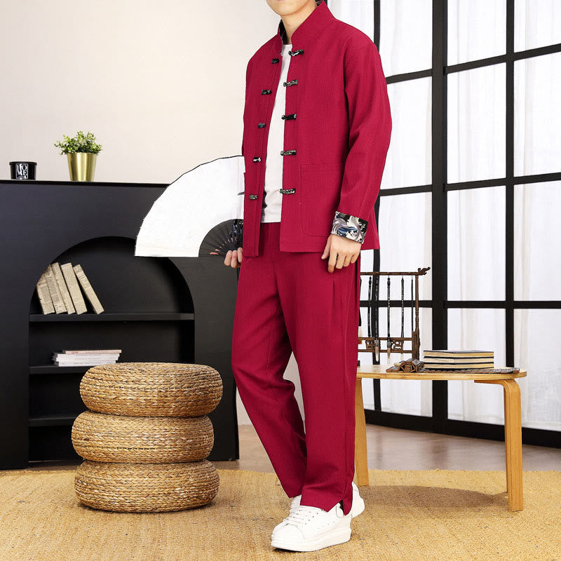 Tactile Wave-Detail Men's Meditation and Tai Chi Two-Piece Set