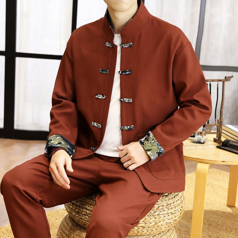 Tactile Wave-Detail Men's Meditation and Tai Chi Two-Piece Set