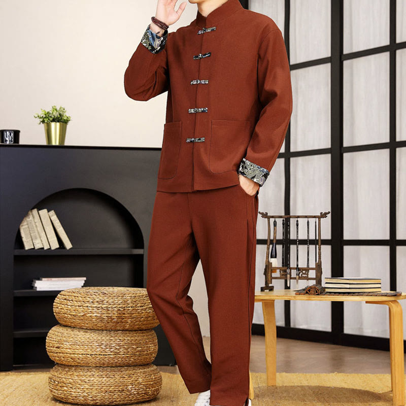 Tactile Wave-Detail Men's Meditation and Tai Chi Two-Piece Set