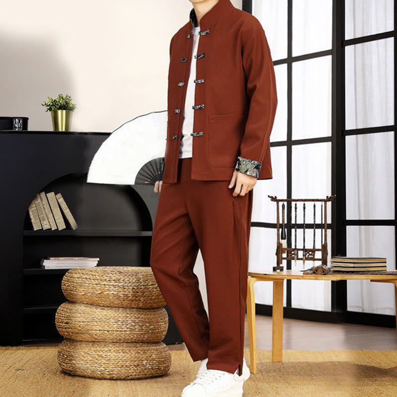 Tactile Wave-Detail Men's Meditation and Tai Chi Two-Piece Set