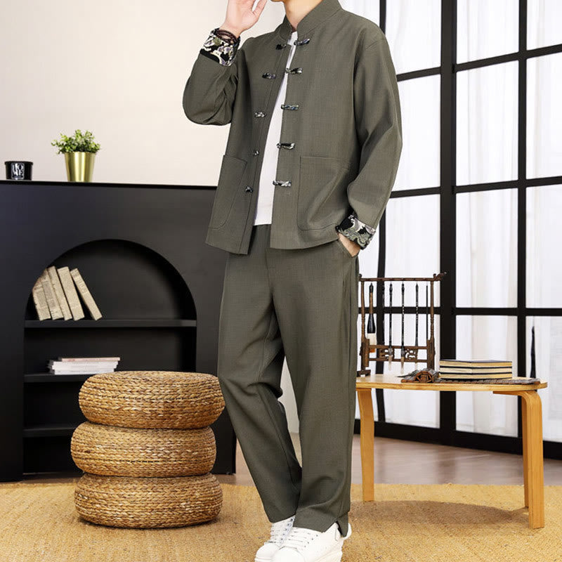 Tactile Wave-Detail Men's Meditation and Tai Chi Two-Piece Set