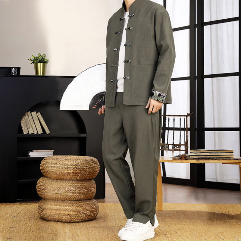 Tactile Wave-Detail Men's Meditation and Tai Chi Two-Piece Set