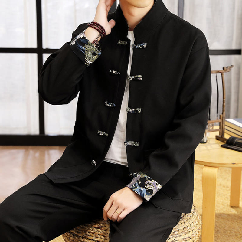 Tactile Wave-Detail Men's Meditation and Tai Chi Two-Piece Set