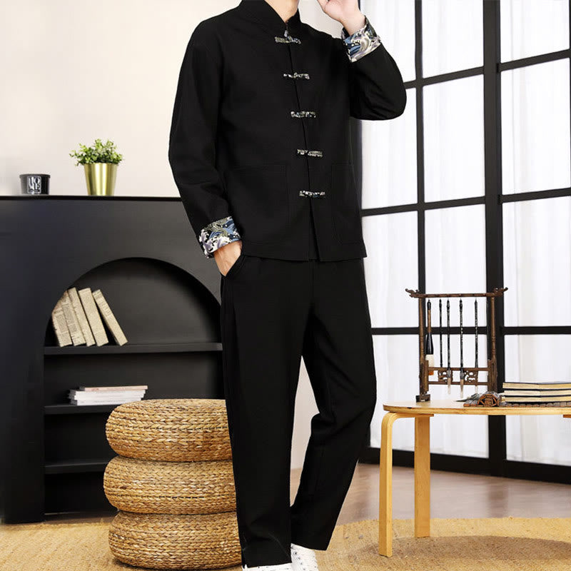 Tactile Wave-Detail Men's Meditation and Tai Chi Two-Piece Set