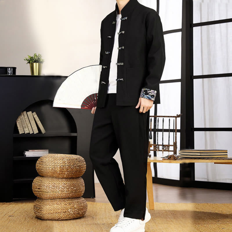 Tactile Wave-Detail Men's Meditation and Tai Chi Two-Piece Set