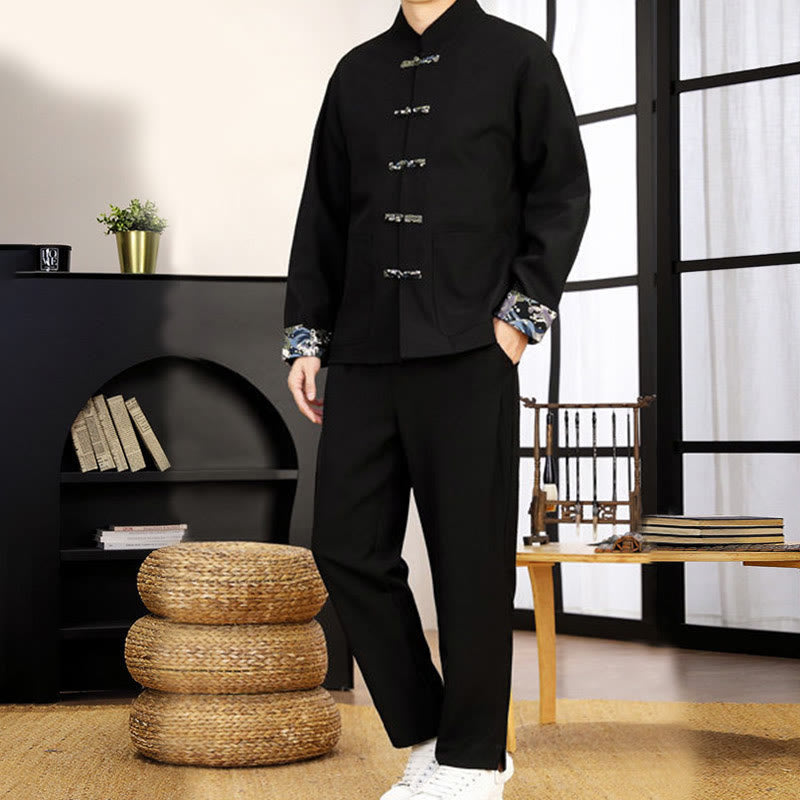Tactile Wave-Detail Men's Meditation and Tai Chi Two-Piece Set