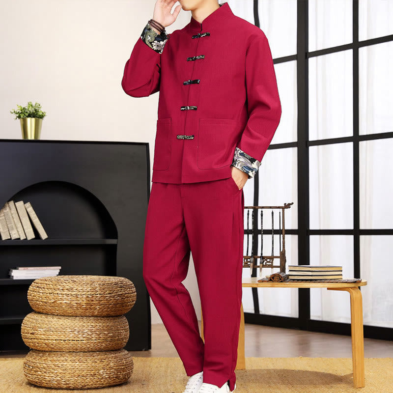Tactile Wave-Detail Men's Meditation and Tai Chi Two-Piece Set