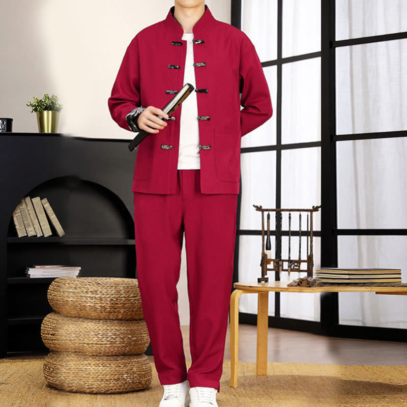 Tactile Wave-Detail Men's Meditation and Tai Chi Two-Piece Set