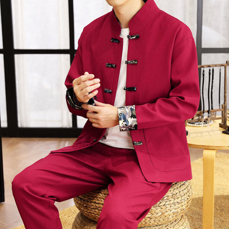 Tactile Wave-Detail Men's Meditation and Tai Chi Two-Piece Set