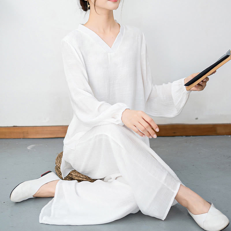 Breathable Fabric V-Neck Long Sleeve Wide-Leg Meditation Two-Piece Set