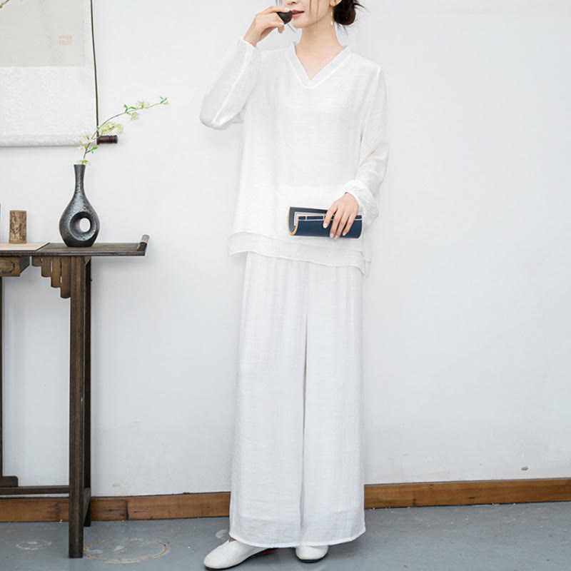 Breathable Fabric V-Neck Long Sleeve Wide-Leg Meditation Two-Piece Set