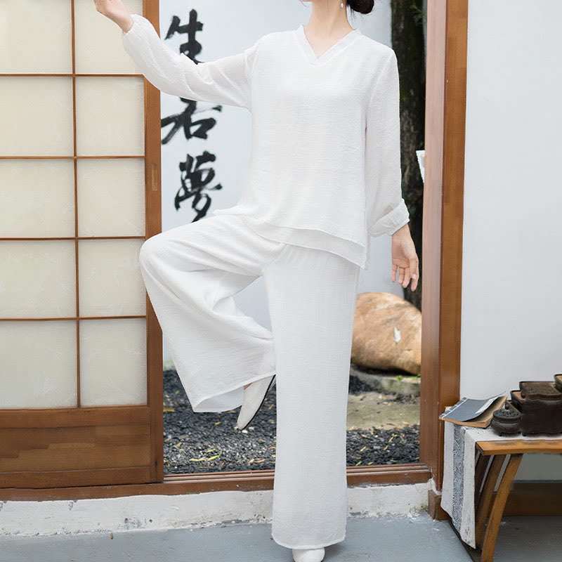 Breathable Fabric V-Neck Long Sleeve Wide-Leg Meditation Two-Piece Set
