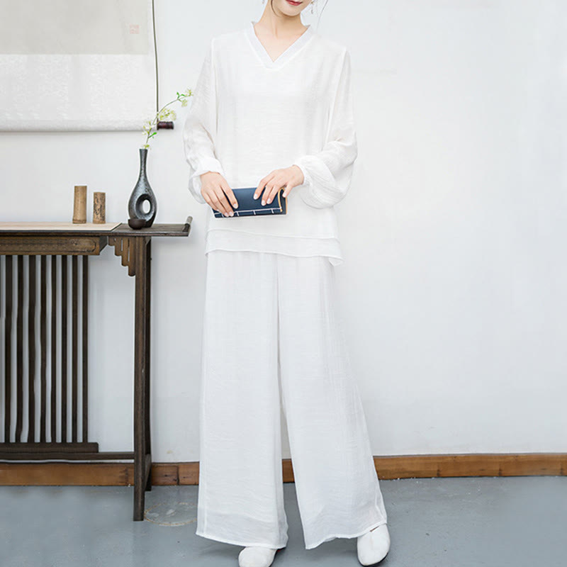 Breathable Fabric V-Neck Long Sleeve Wide-Leg Meditation Two-Piece Set