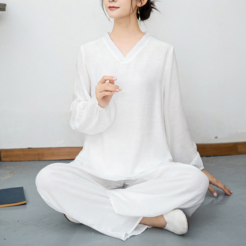 Breathable Fabric V-Neck Long Sleeve Wide-Leg Meditation Two-Piece Set