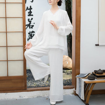 Breathable Fabric V-Neck Long Sleeve Wide-Leg Meditation Two-Piece Set